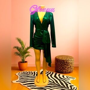 Green Metallic Wrap Mini Dress | Long Sleeve | NWT Size L